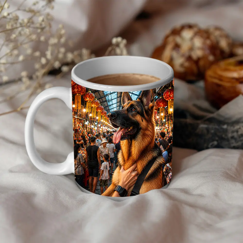 German Shepherd at Colorful Bangkok Market – Mugs