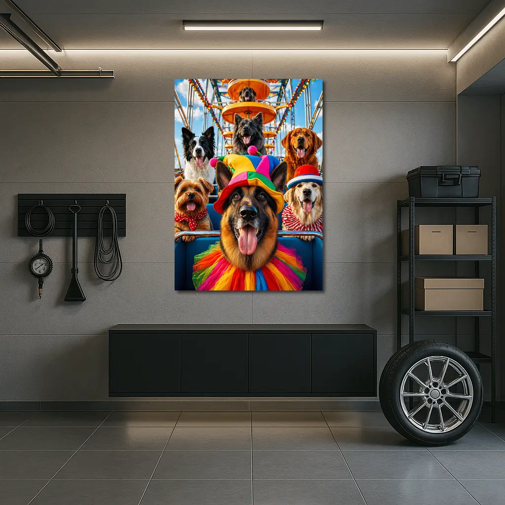 German Shepherd Dogs Clown Hats Carnival Ferris Wheel – Wall Art