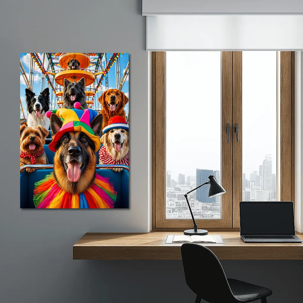 German Shepherd Dogs Clown Hats Carnival Ferris Wheel – Wall Art