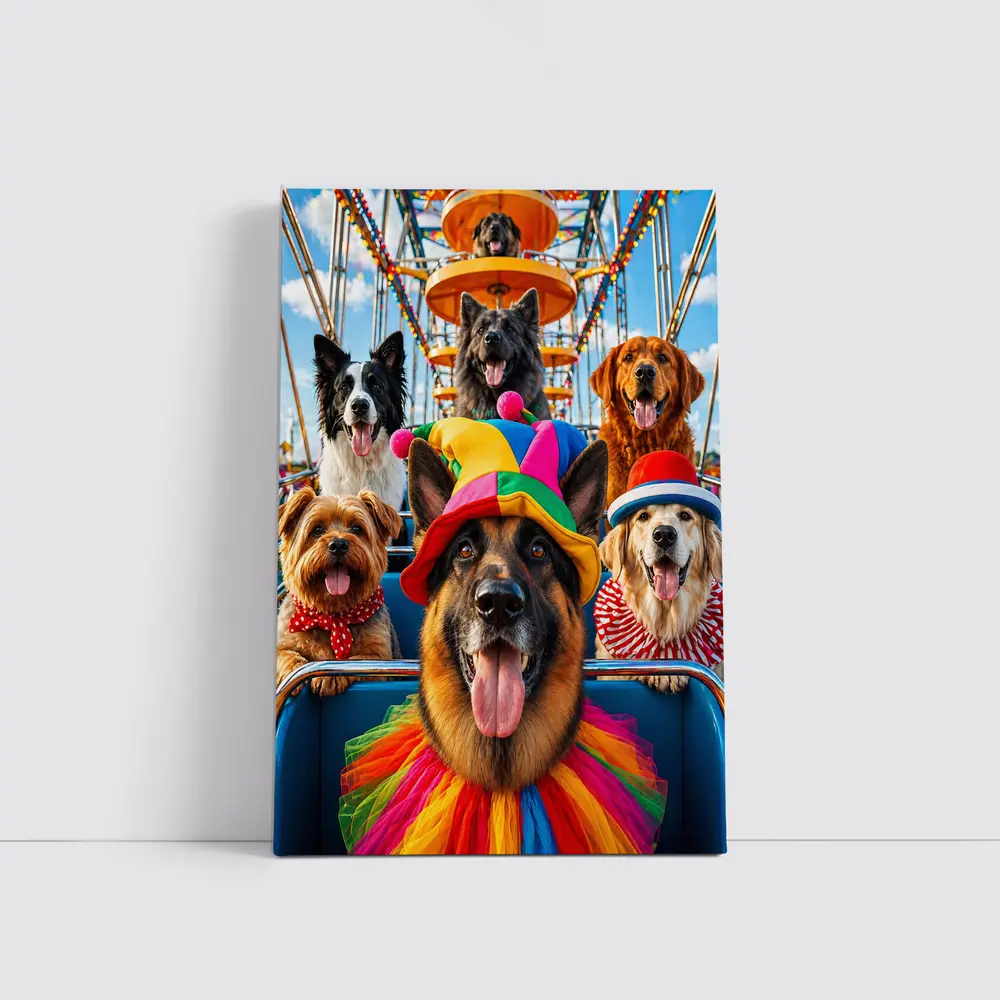 German Shepherd Dogs Clown Hats Carnival Ferris Wheel – Wall Art