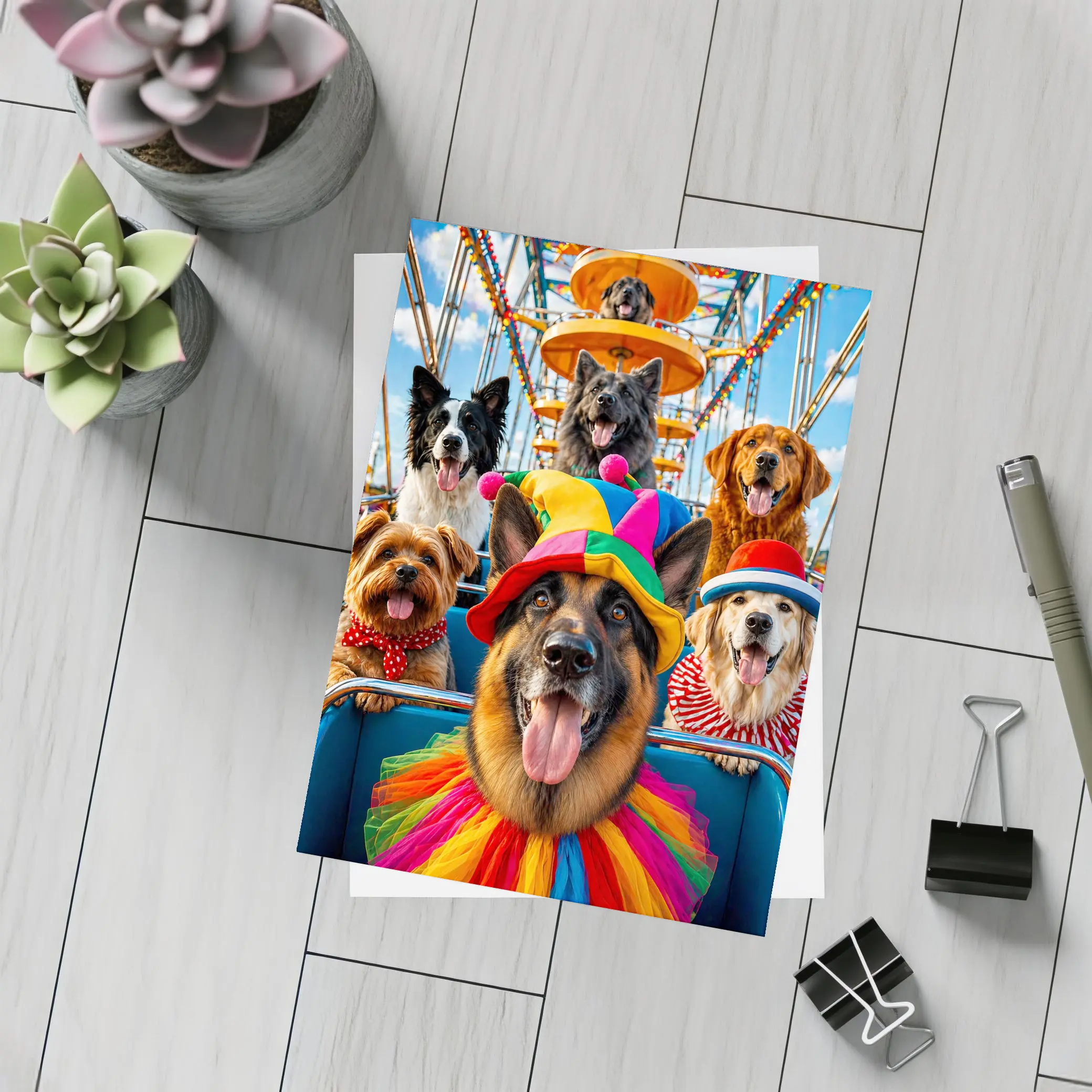 German Shepherd Dogs Clown Hats Carnival Ferris Wheel – Postcards