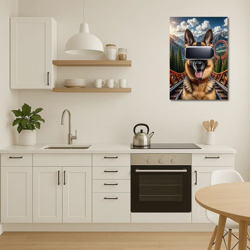German Shepherd Wearing VR Headset Mountains Background – Wall Art