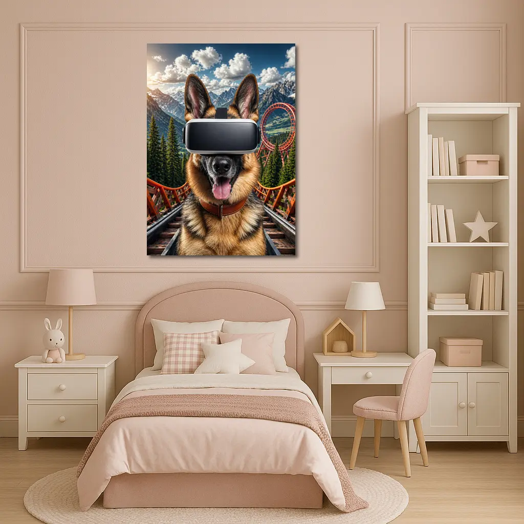 German Shepherd Wearing VR Headset Mountains Background – Wall Art