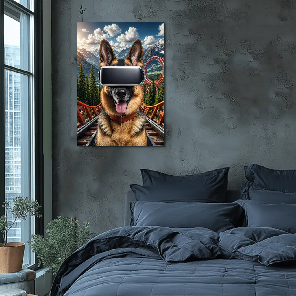 German Shepherd Wearing VR Headset Mountains Background – Wall Art