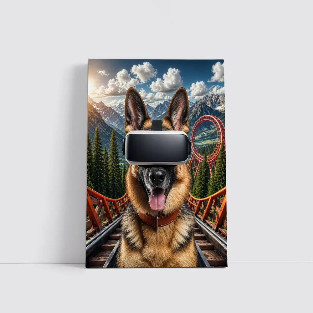 German Shepherd Wearing VR Headset Mountains Background – Wall Art