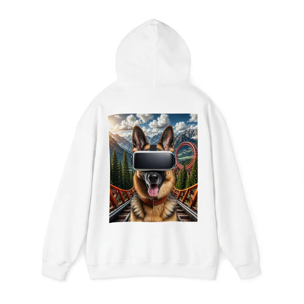 German Shepherd Wearing VR Headset Mountains Background – Hoodies