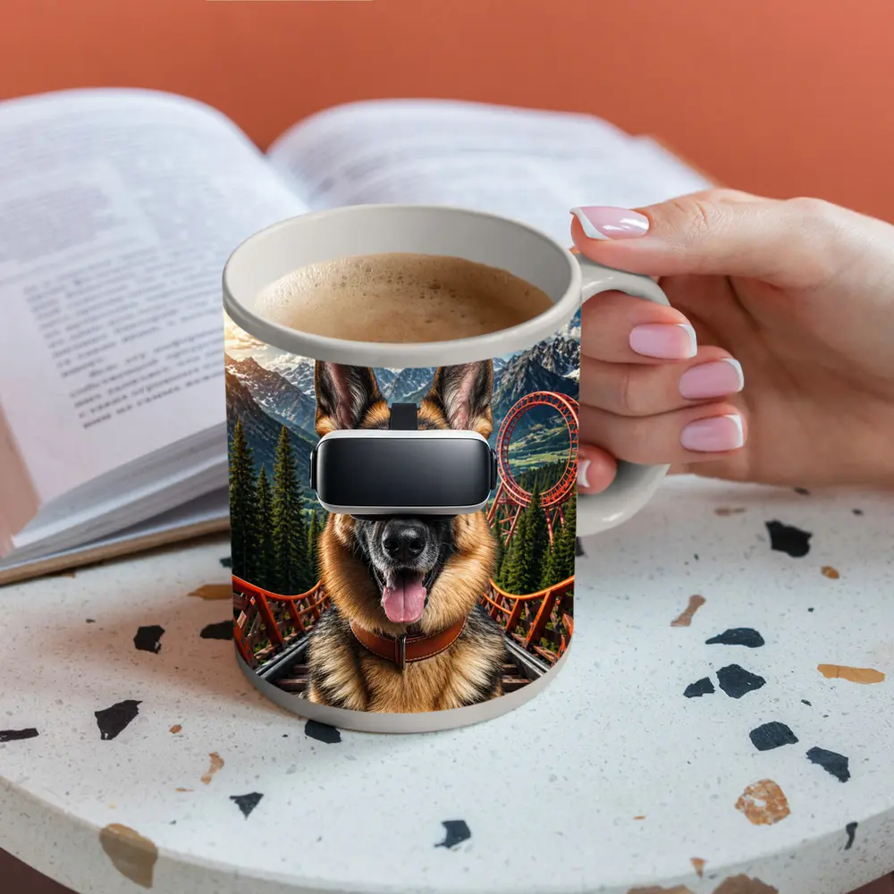 German Shepherd Wearing VR Headset Mountains Background – Mugs