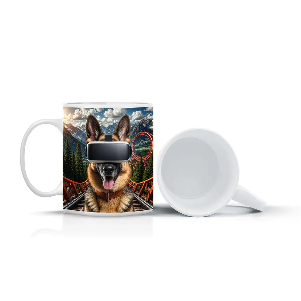 German Shepherd Wearing VR Headset Mountains Background – Mugs