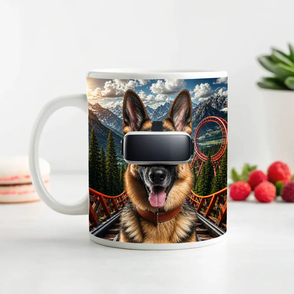German Shepherd Wearing VR Headset Mountains Background – Mugs
