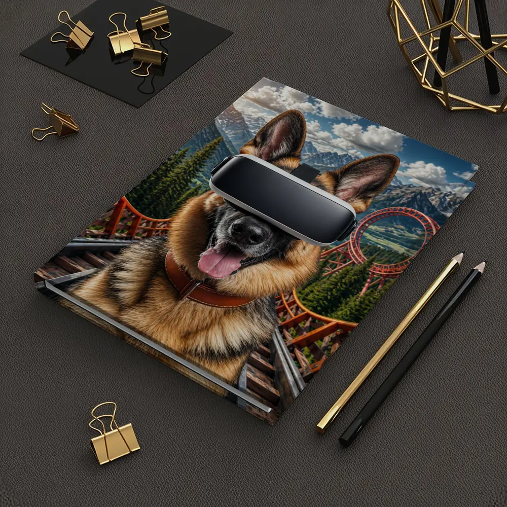 German Shepherd Wearing VR Headset Mountains Background – Notebooks