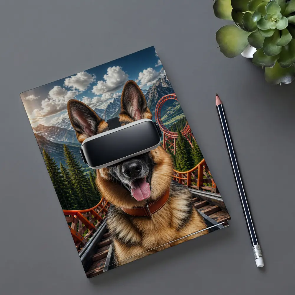 German Shepherd Wearing VR Headset Mountains Background – Notebooks