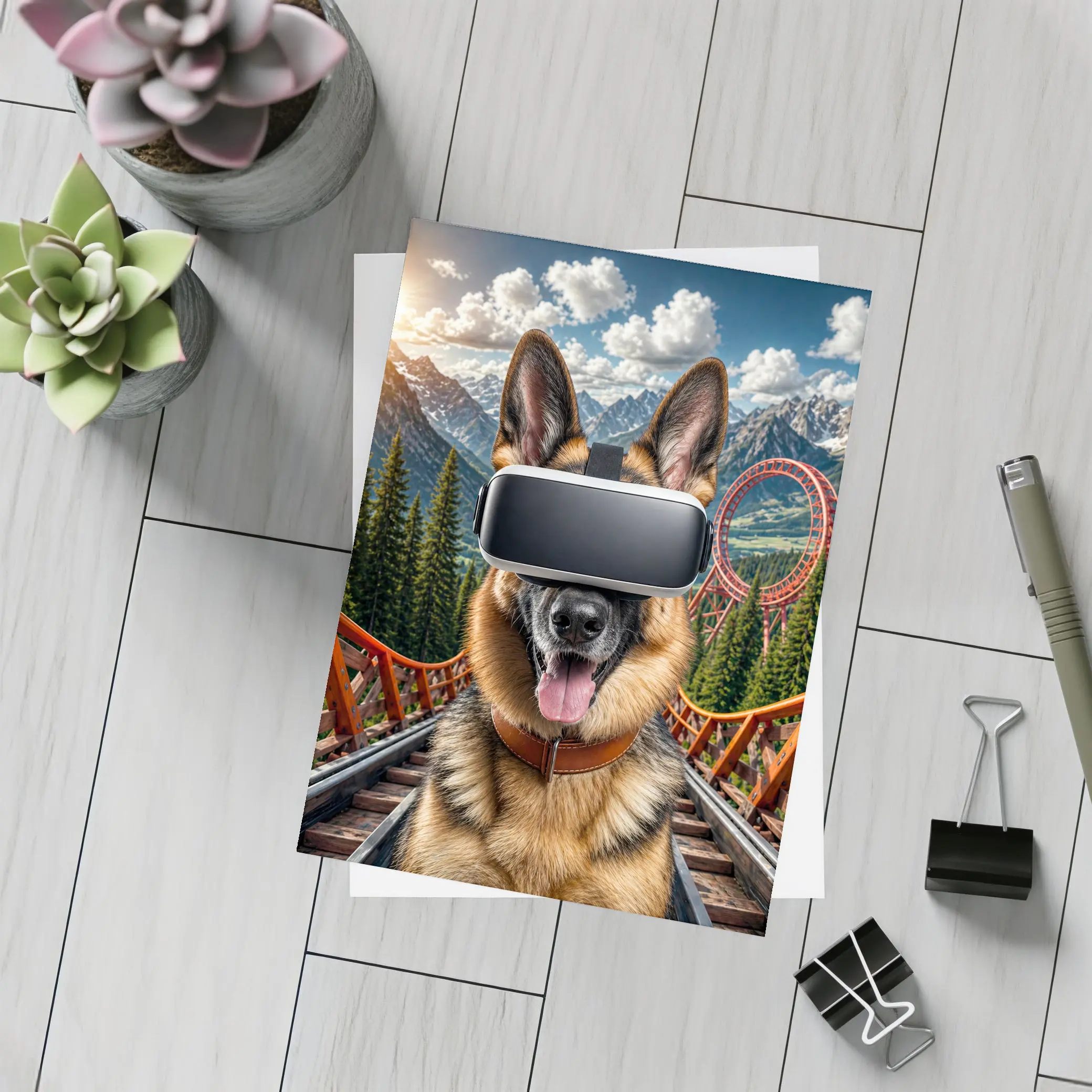 German Shepherd Wearing VR Headset Mountains Background – Postcards