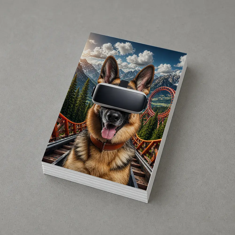 German Shepherd Wearing VR Headset Mountains Background – Postcards