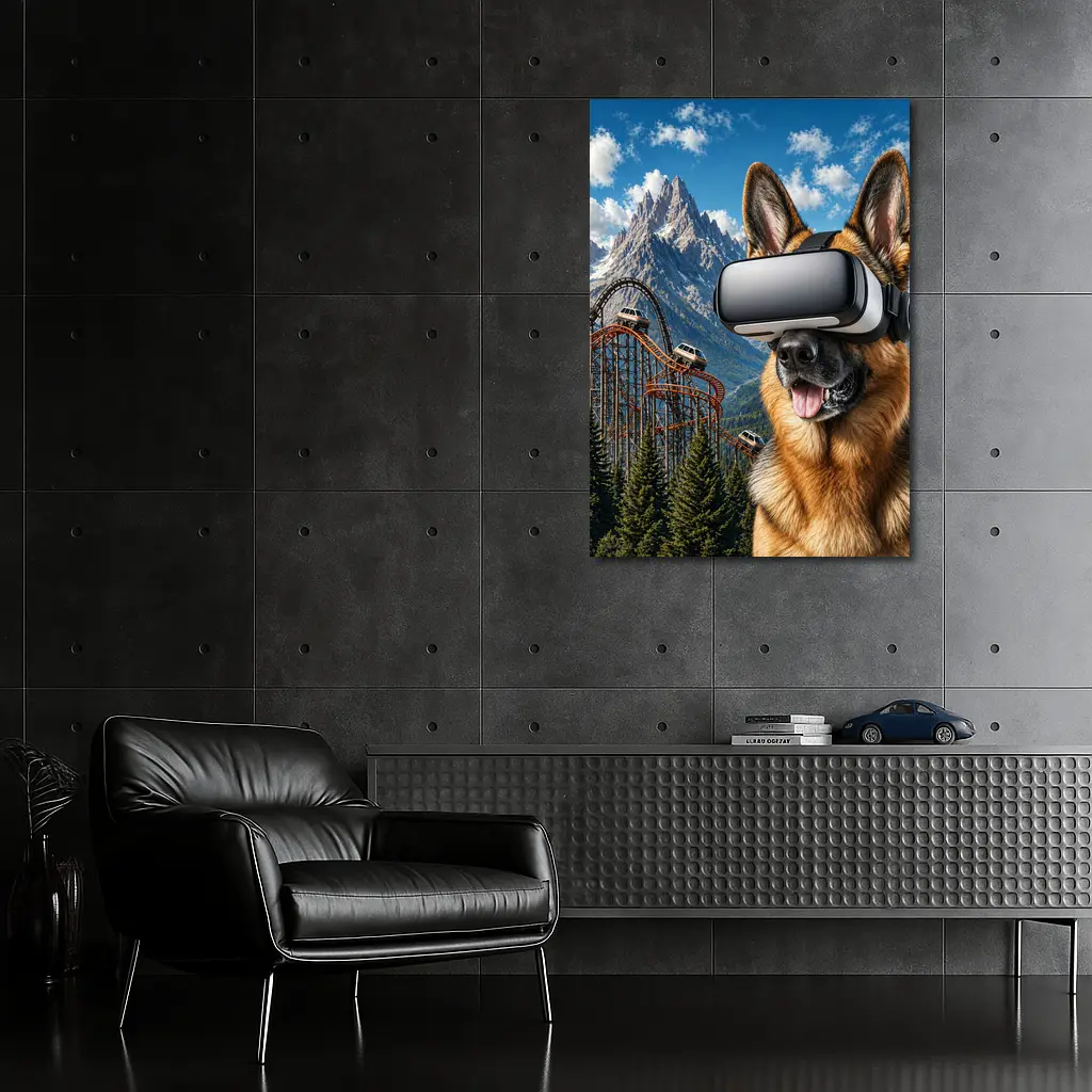 German Shepherd Wearing VR Headset Mountain Background – Wall Art