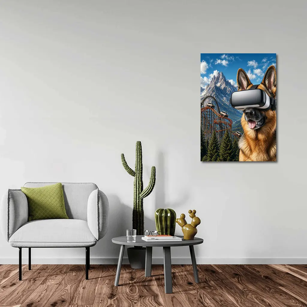 German Shepherd Wearing VR Headset Mountain Background – Wall Art