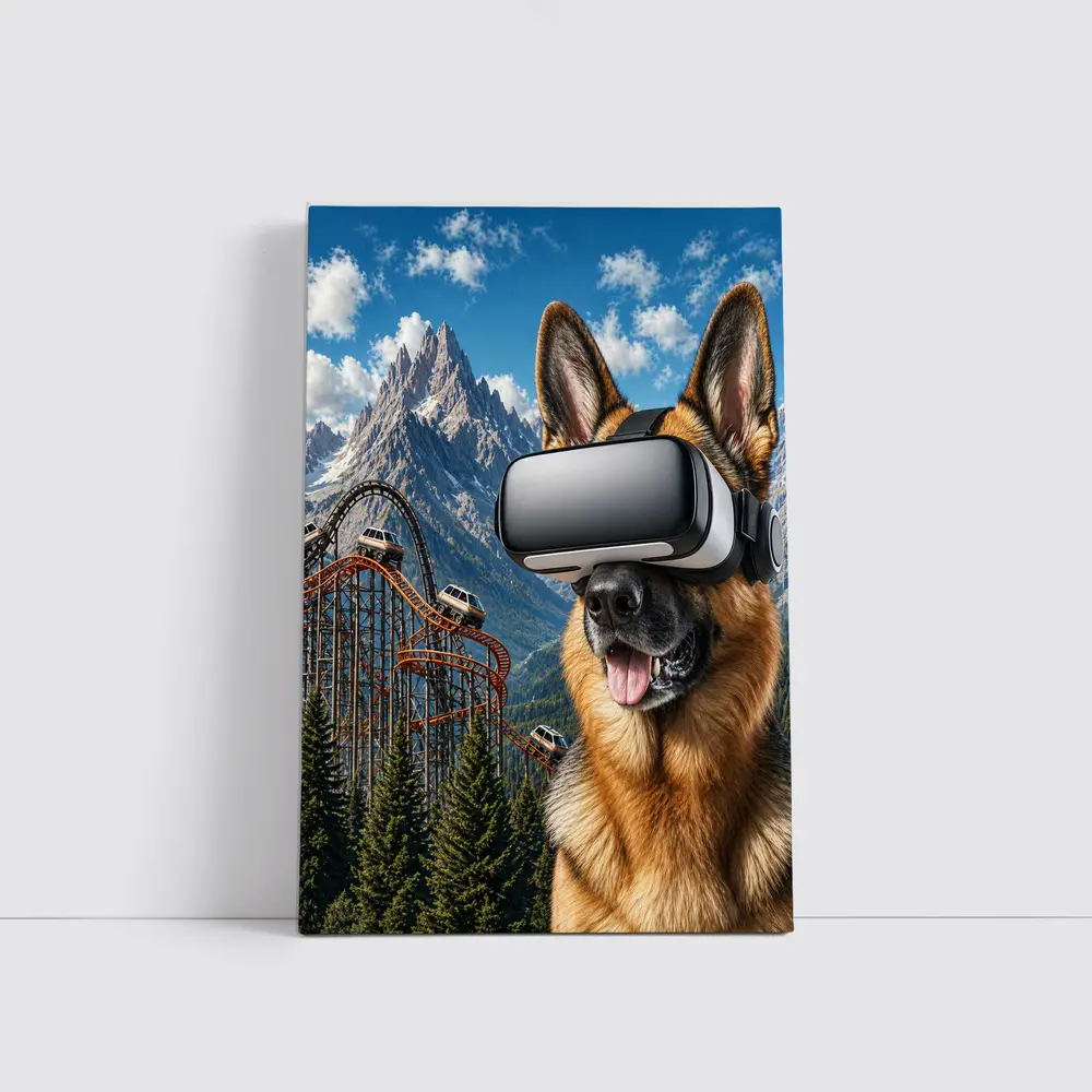 German Shepherd Wearing VR Headset Mountain Background – Wall Art
