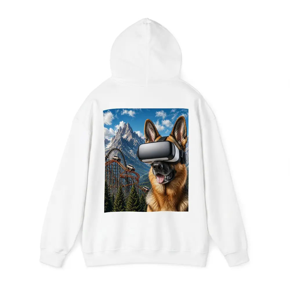 German Shepherd Wearing VR Headset Mountain Background – Hoodies