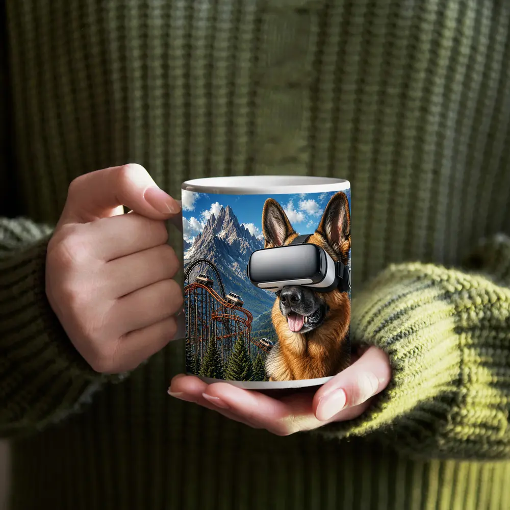 German Shepherd Wearing VR Headset Mountain Background – Mugs
