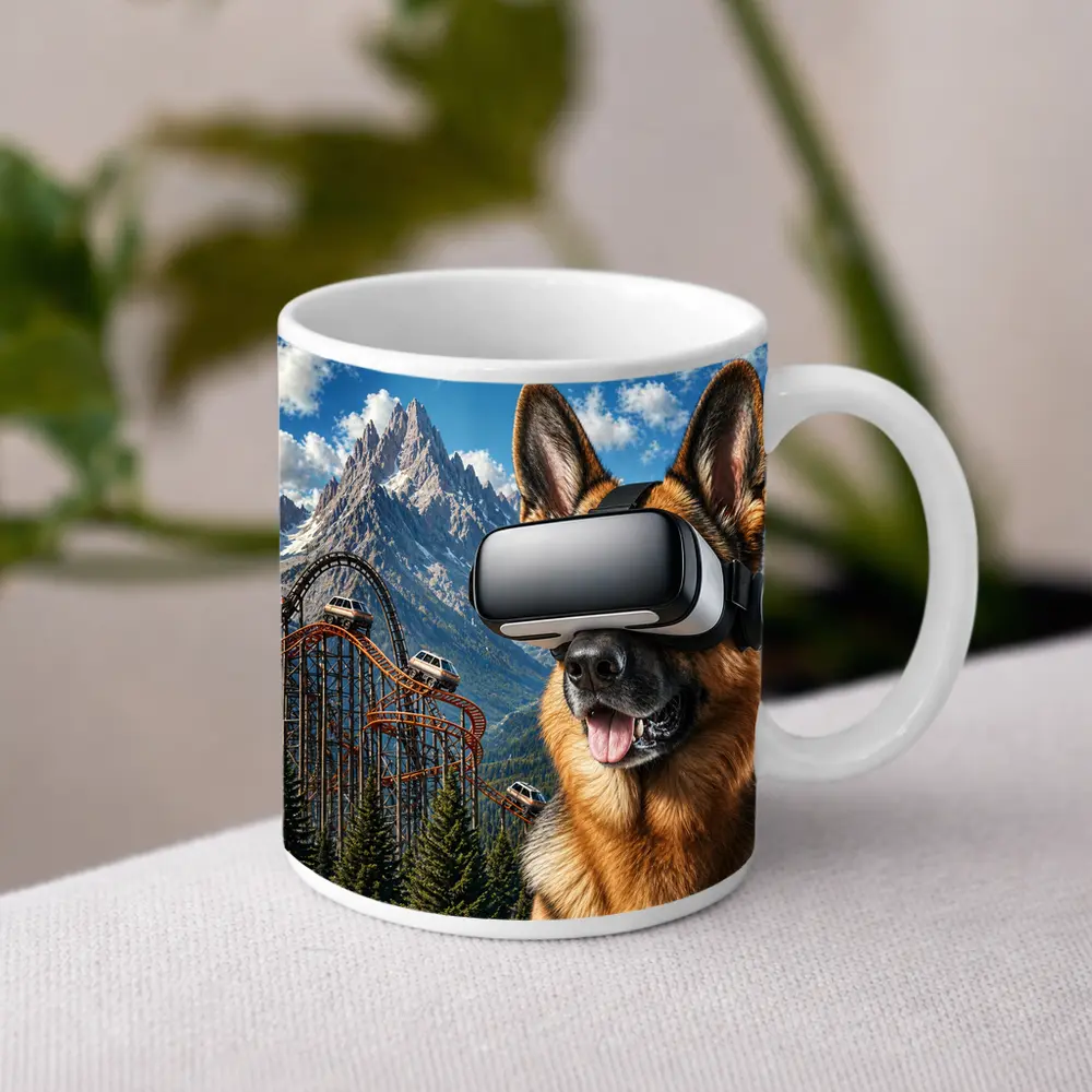 German Shepherd Wearing VR Headset Mountain Background – Mugs