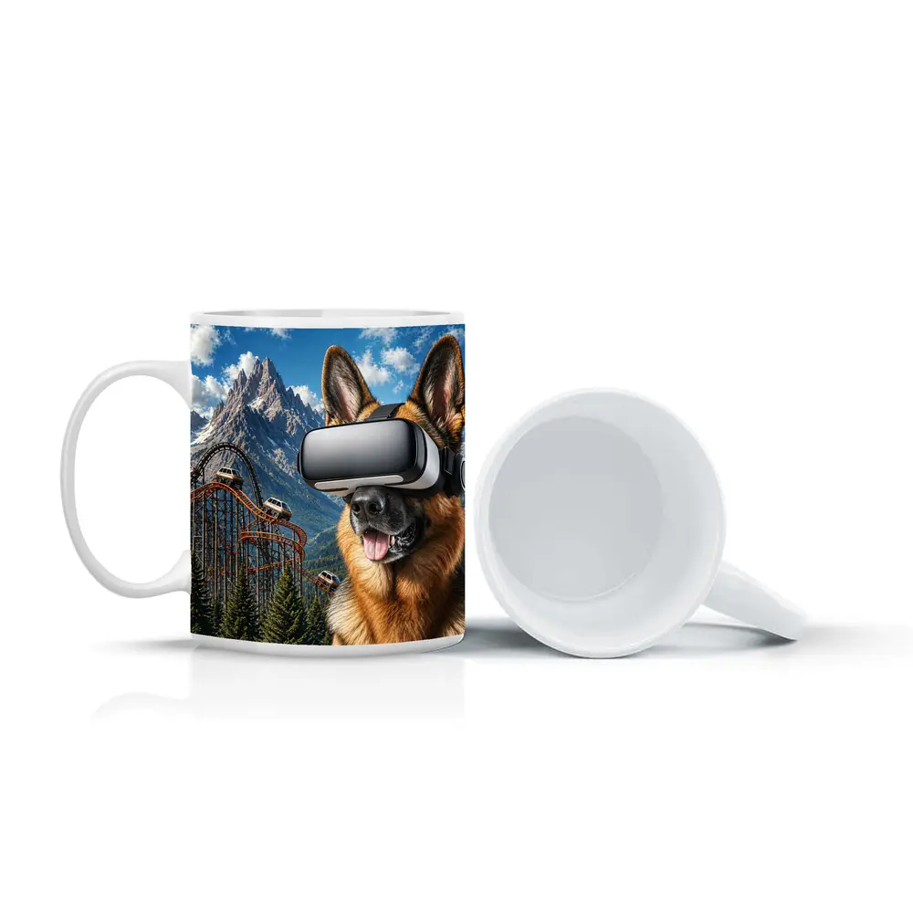 German Shepherd Wearing VR Headset Mountain Background – Mugs