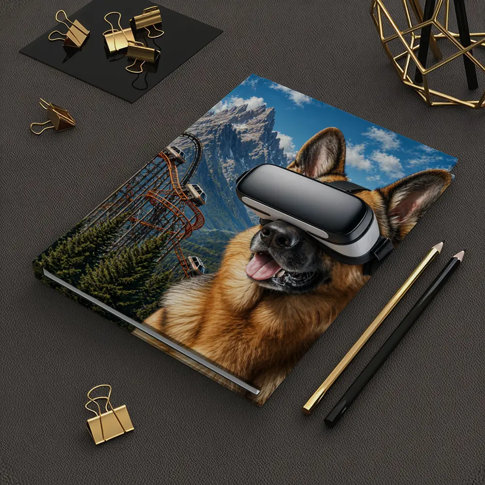 German Shepherd Wearing VR Headset Mountain Background – Notebooks