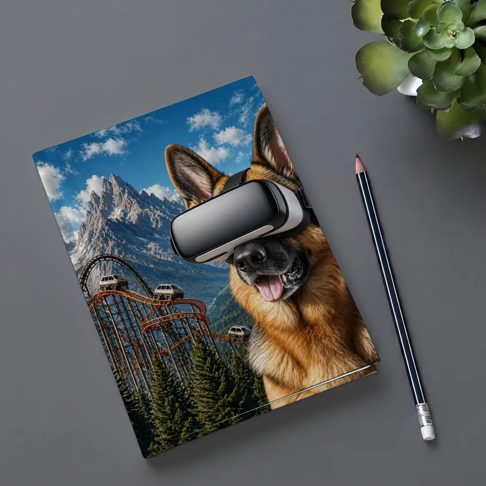 German Shepherd Wearing VR Headset Mountain Background – Notebooks