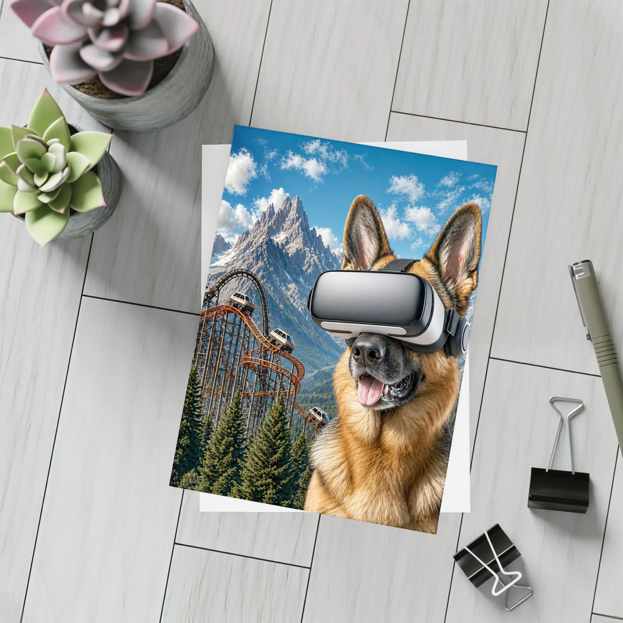 German Shepherd Wearing VR Headset Mountain Background – Postcards