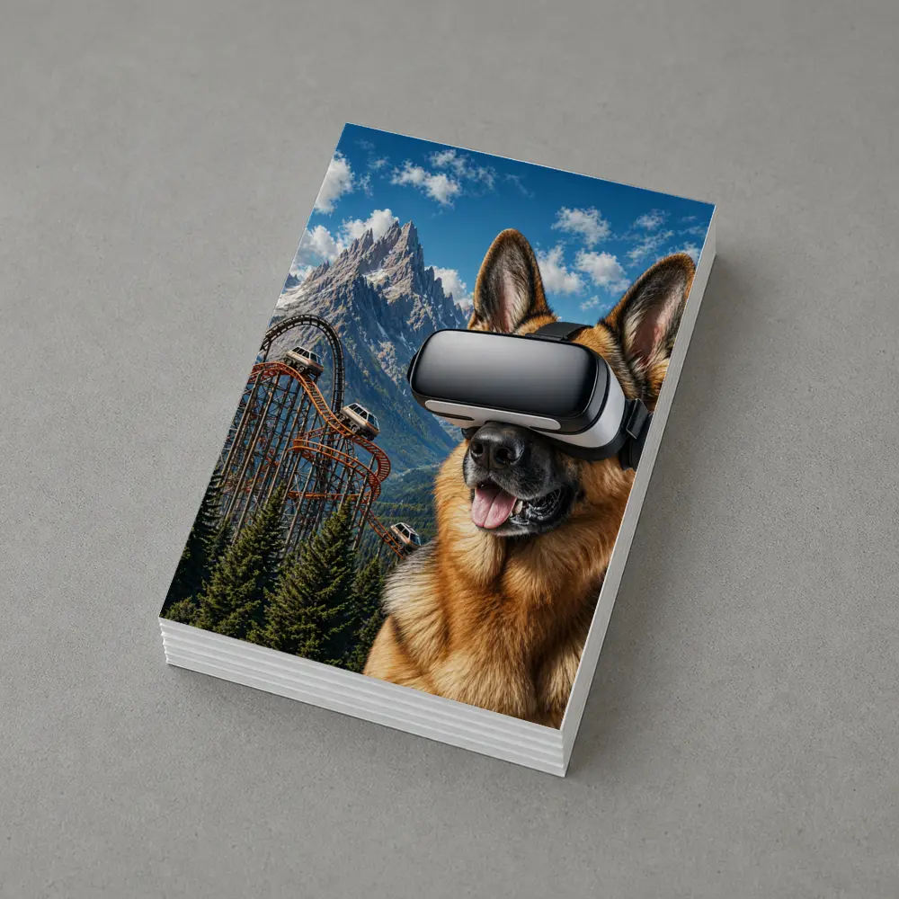 German Shepherd Wearing VR Headset Mountain Background – Postcards
