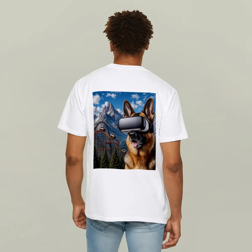German Shepherd Wearing VR Headset Mountain Background – T-Shirts