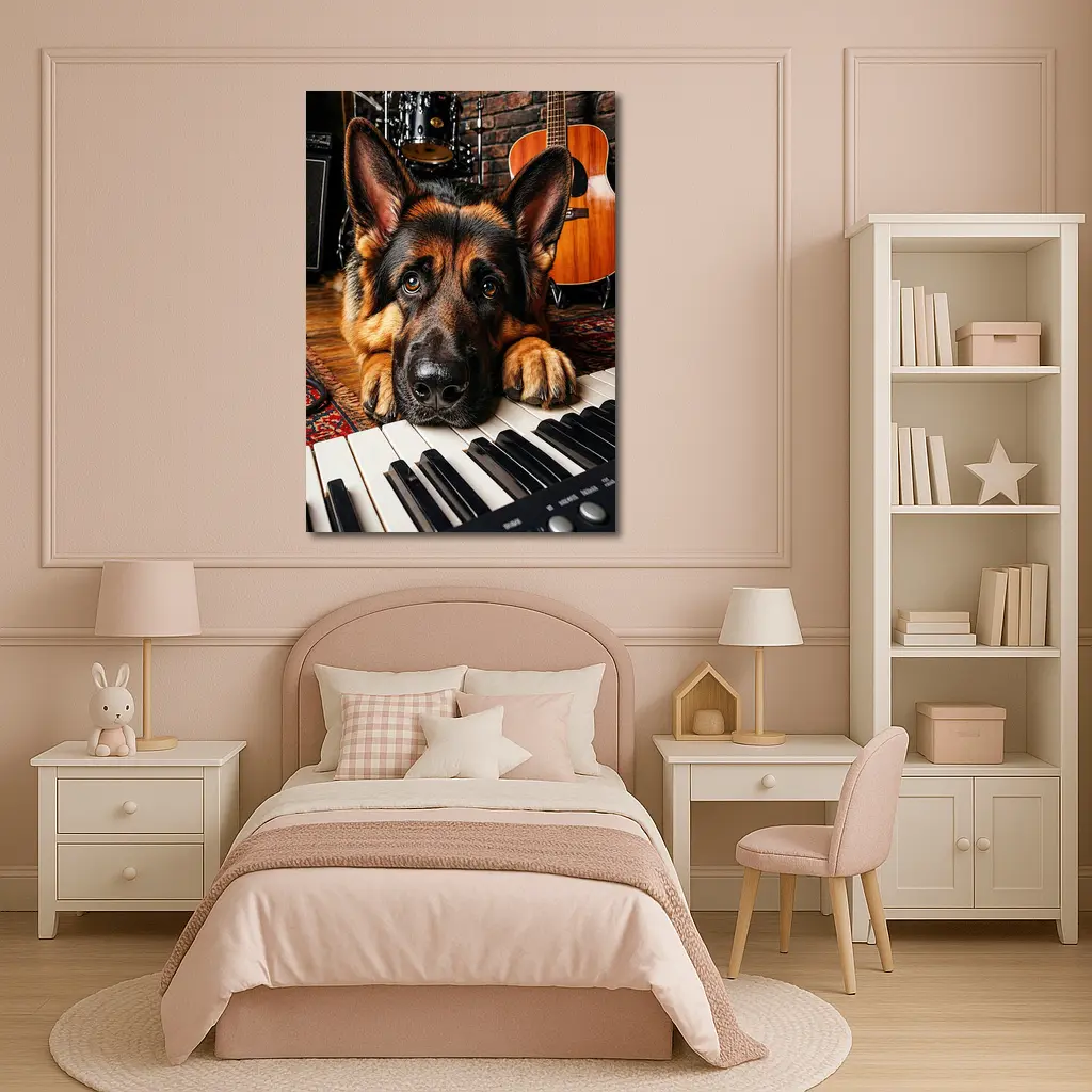German Shepherd Resting on Piano Keys Studio – Wall Art