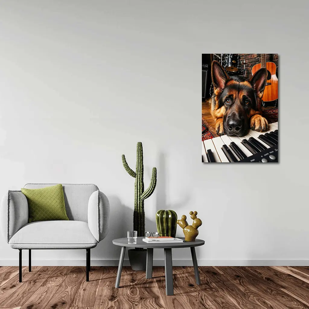 German Shepherd Resting on Piano Keys Studio – Wall Art