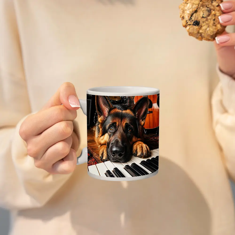 German Shepherd Resting on Piano Keys Studio – Mugs