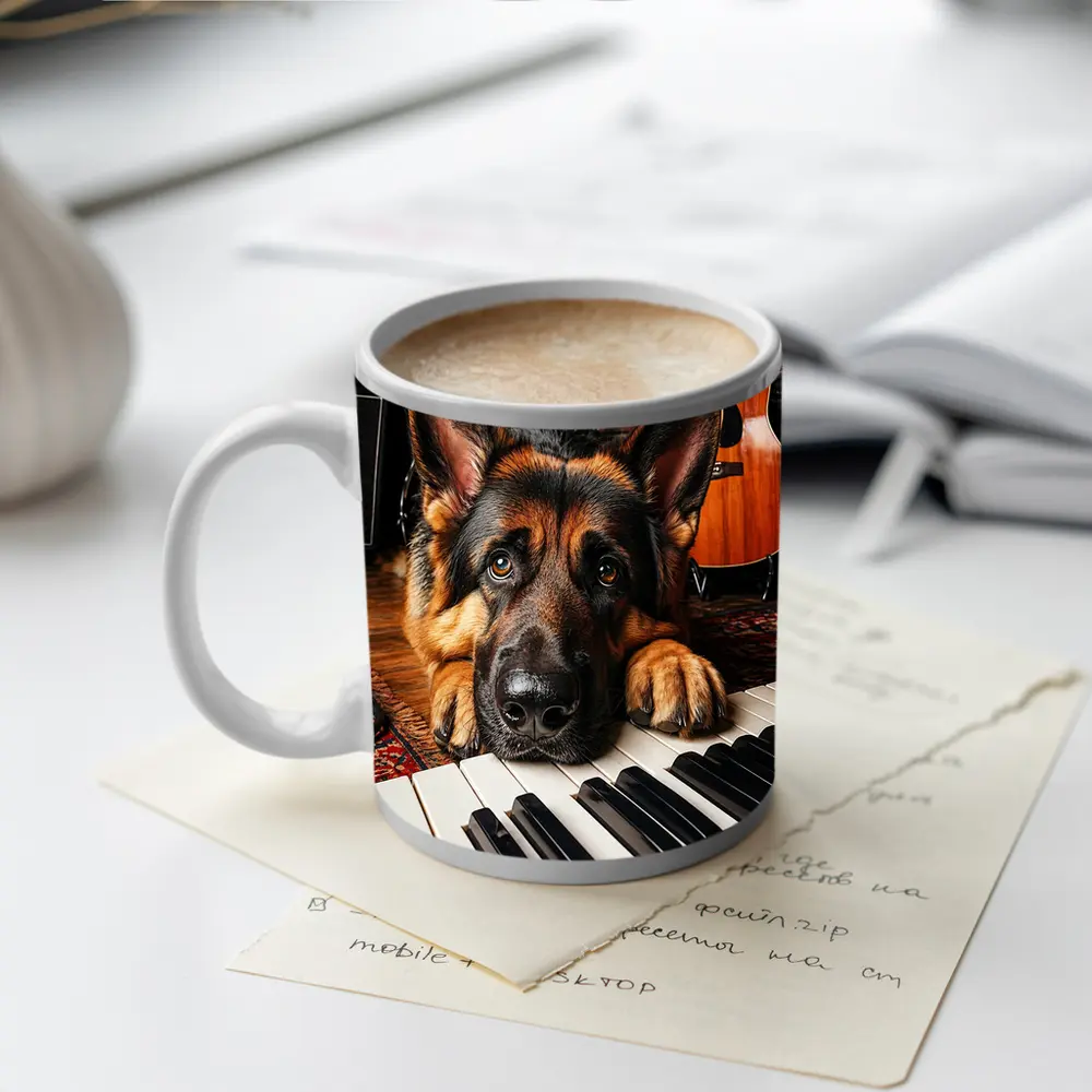 German Shepherd Resting on Piano Keys Studio – Mugs