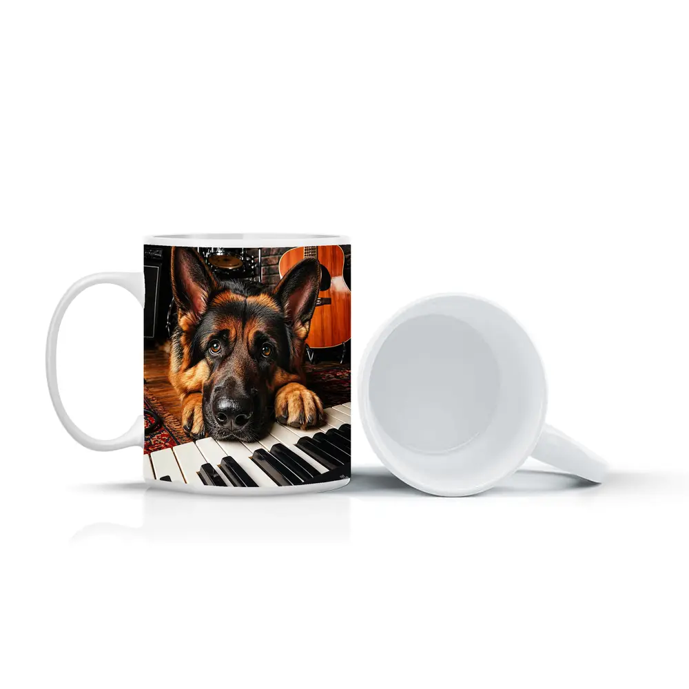 German Shepherd Resting on Piano Keys Studio – Mugs