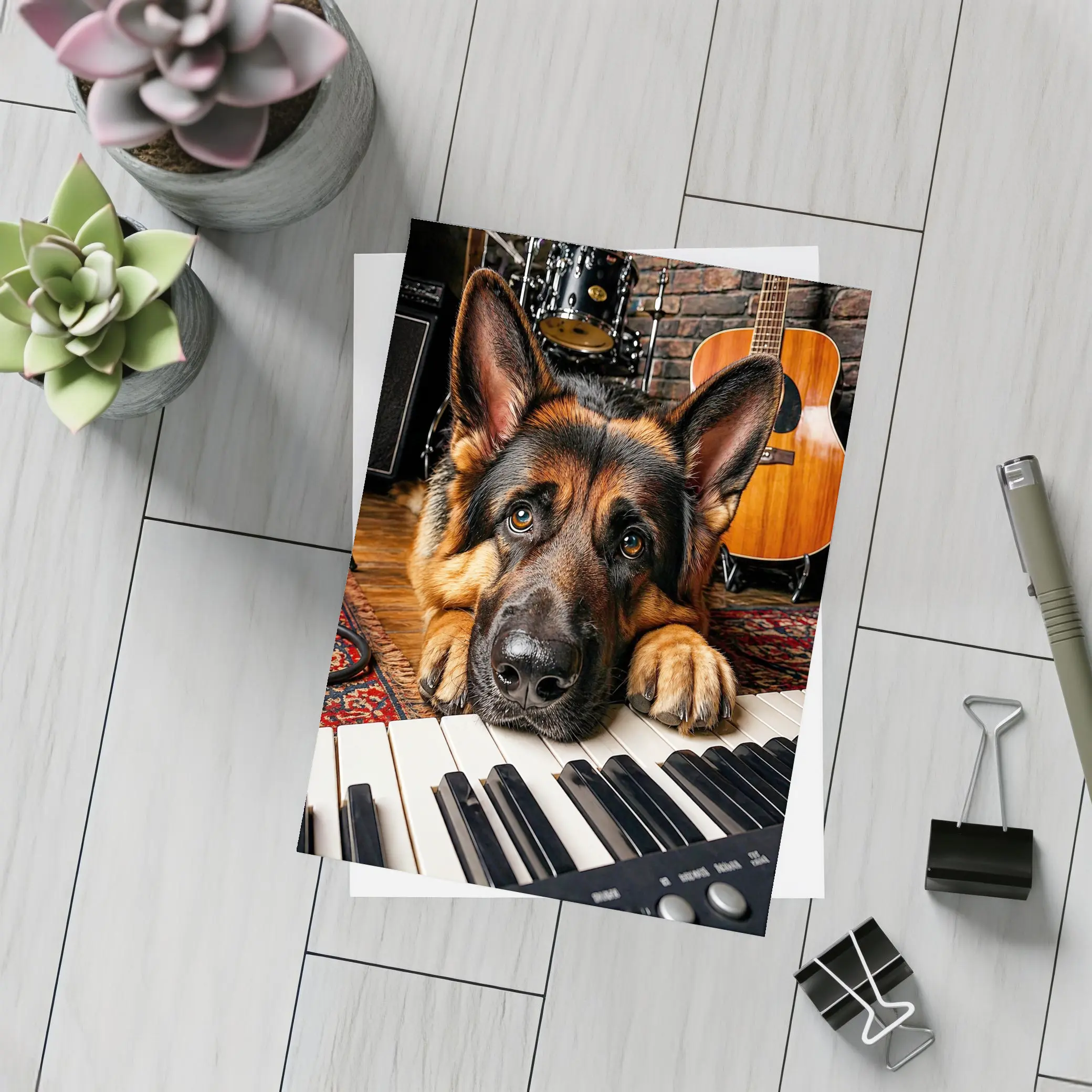 German Shepherd Resting on Piano Keys Studio – Postcards
