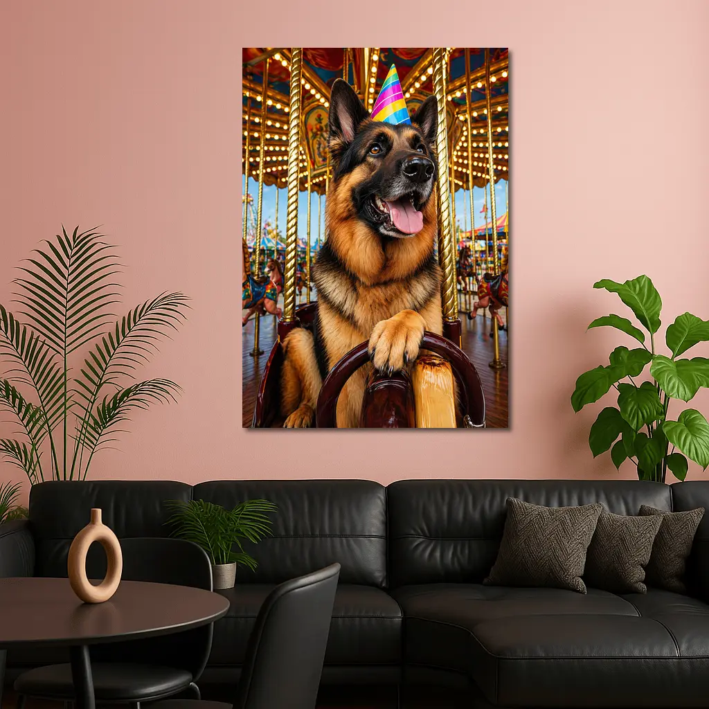 German Shepherd Party Hat Carousel Fun – Wall Art