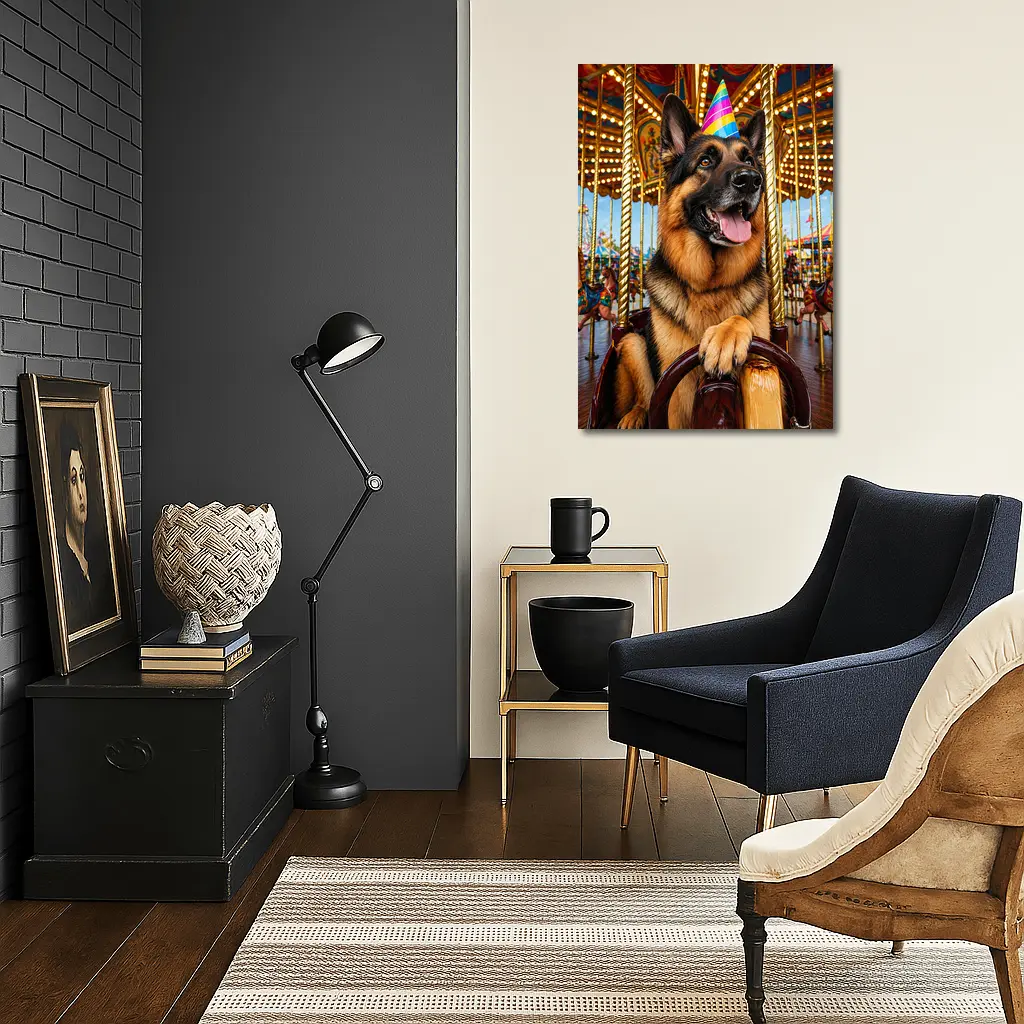 German Shepherd Party Hat Carousel Fun – Wall Art