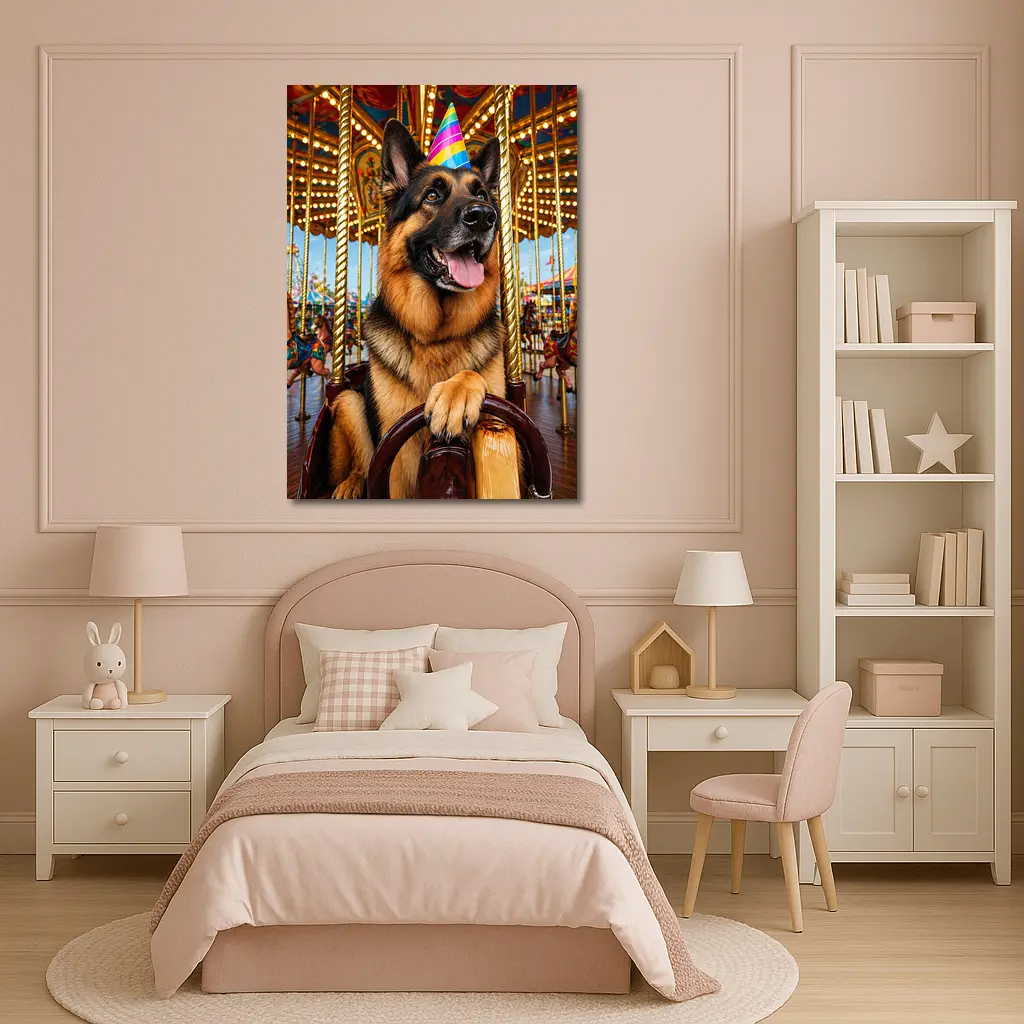 German Shepherd Party Hat Carousel Fun – Wall Art