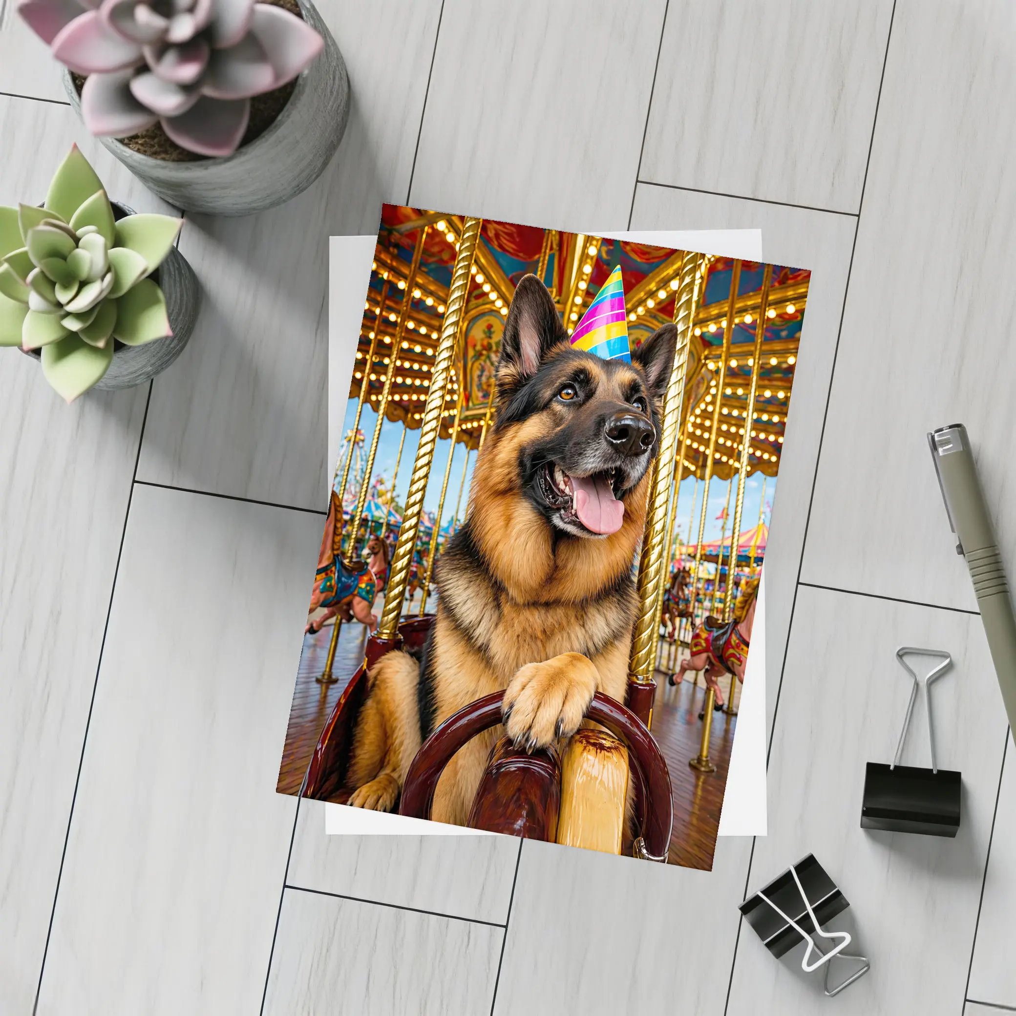 German Shepherd Party Hat Carousel Fun – Postcards
