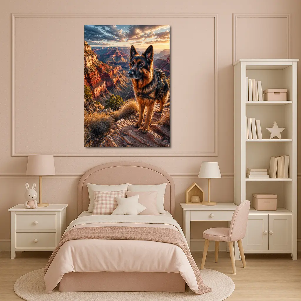German Shepherd Standing at Grand Canyon Sunset – Wall Art