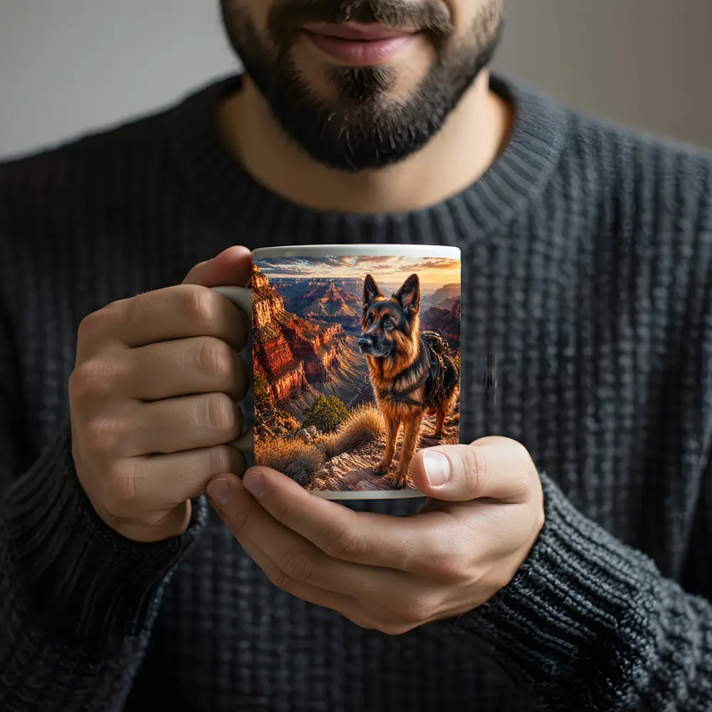 German Shepherd Standing at Grand Canyon Sunset – Mugs