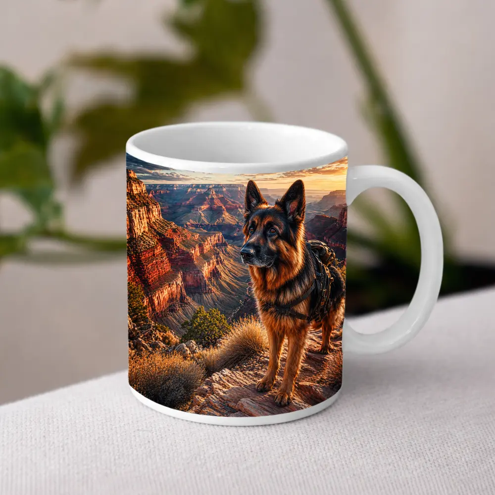 German Shepherd Standing at Grand Canyon Sunset – Mugs