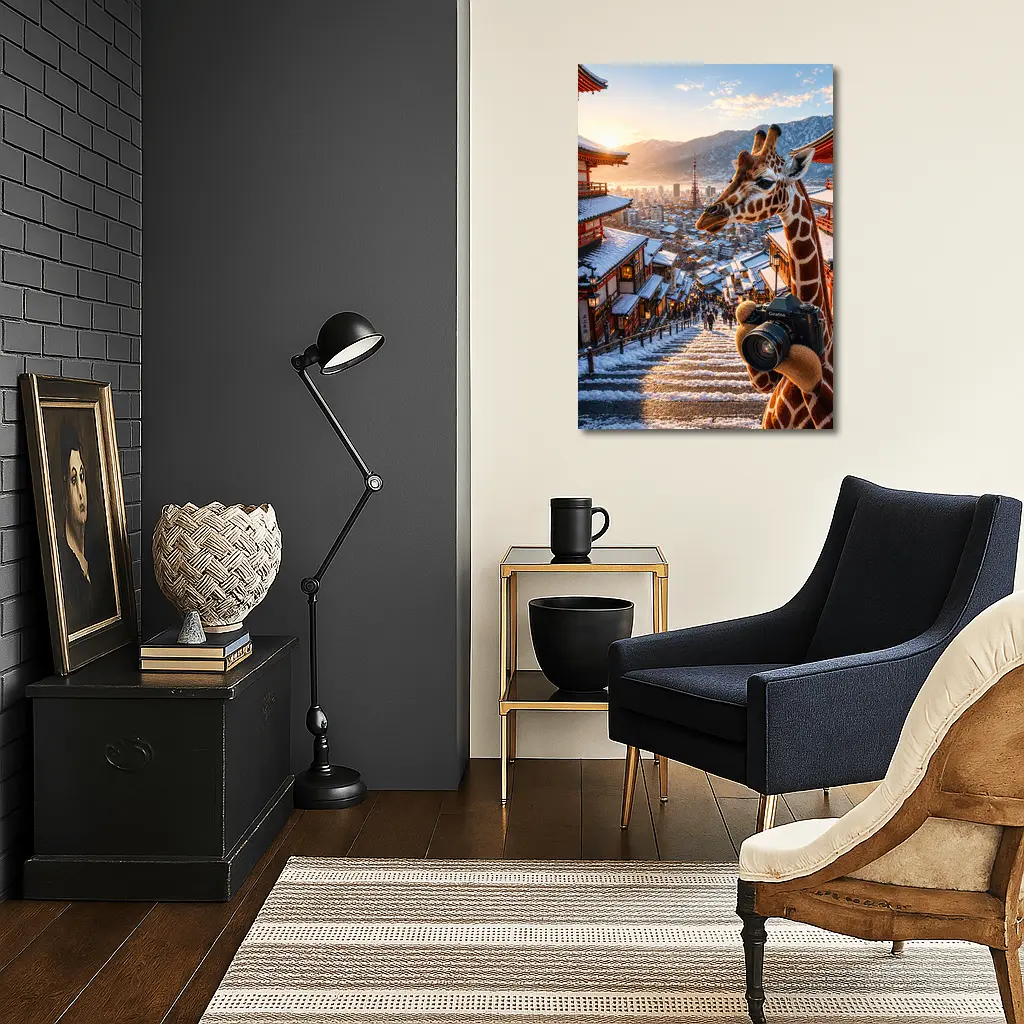 Giraffe Photographer Exploring Snowy Japan City – Wall Art