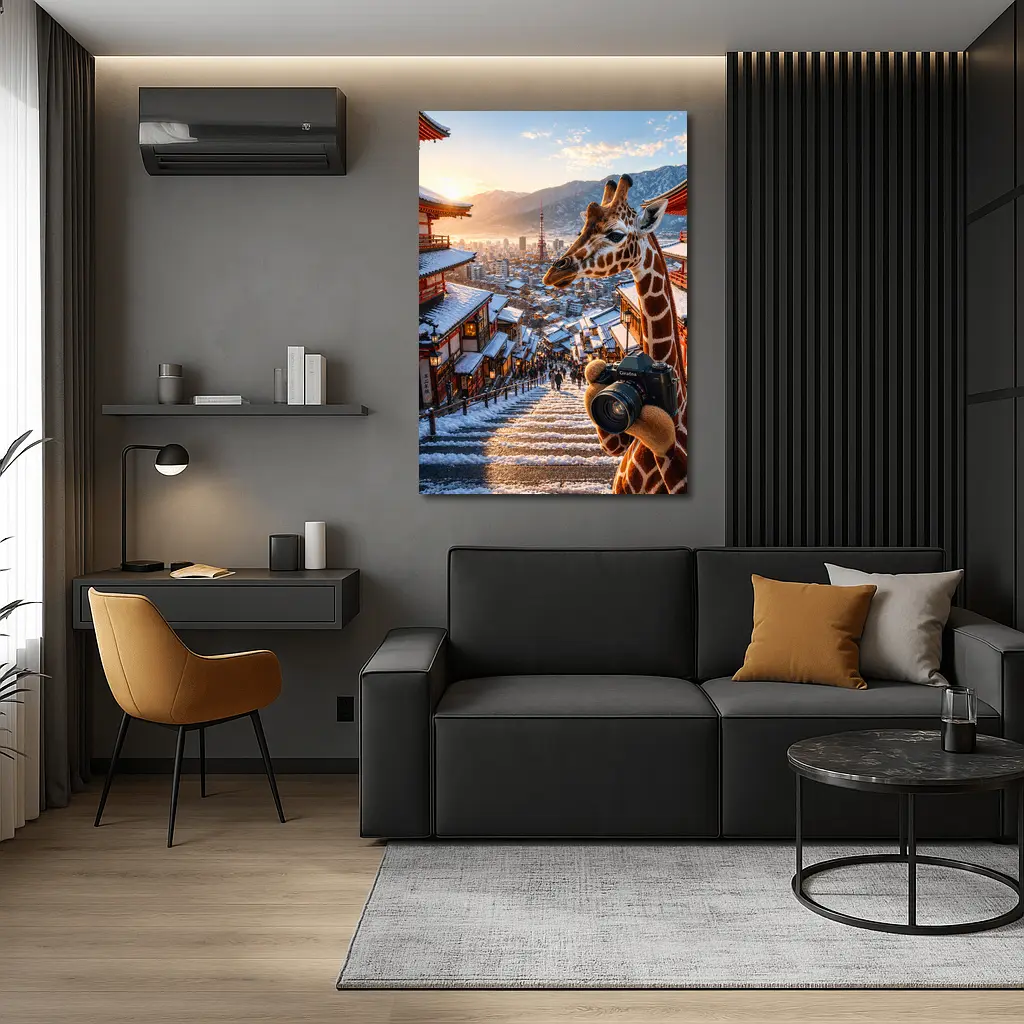 Giraffe Photographer Exploring Snowy Japan City – Wall Art