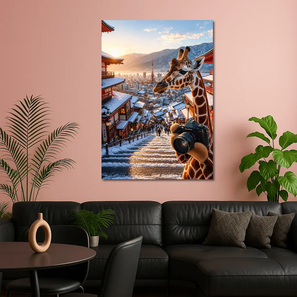 Giraffe Photographer Exploring Snowy Japan City – Wall Art