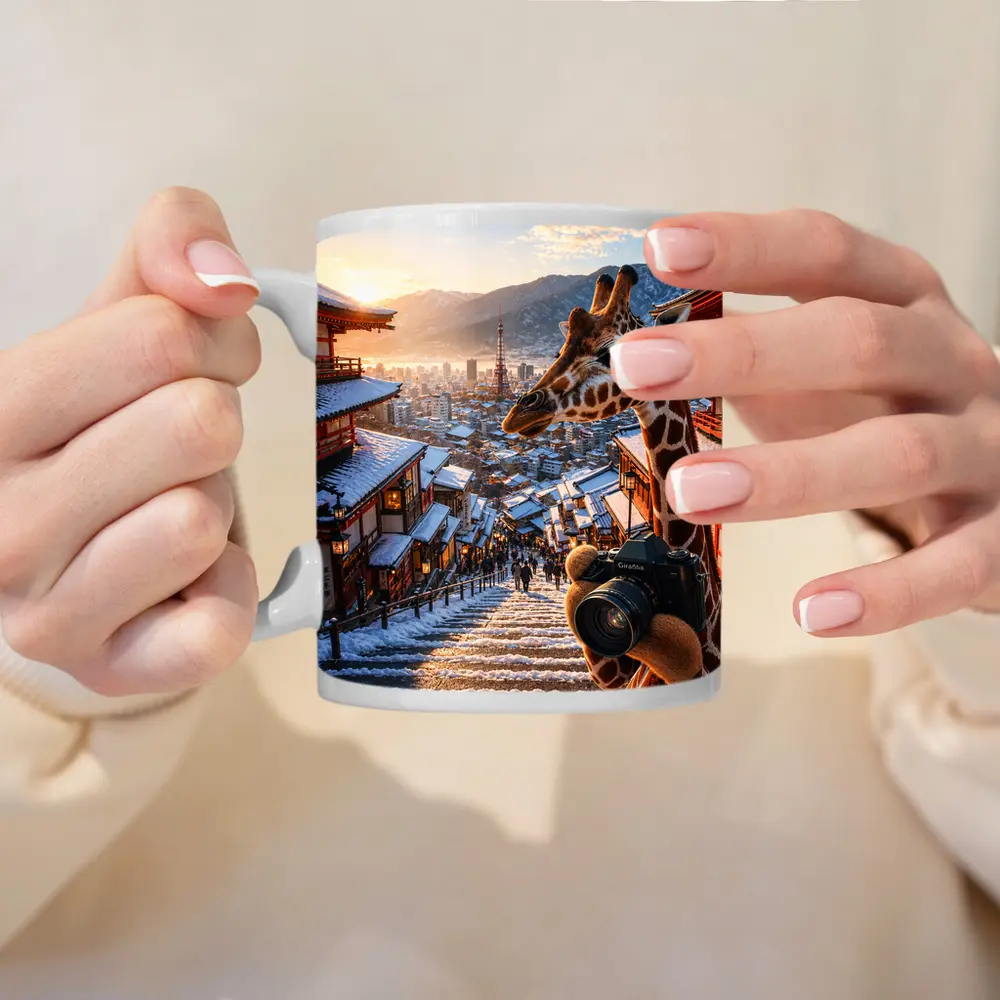 Giraffe Photographer Exploring Snowy Japan City – Mugs