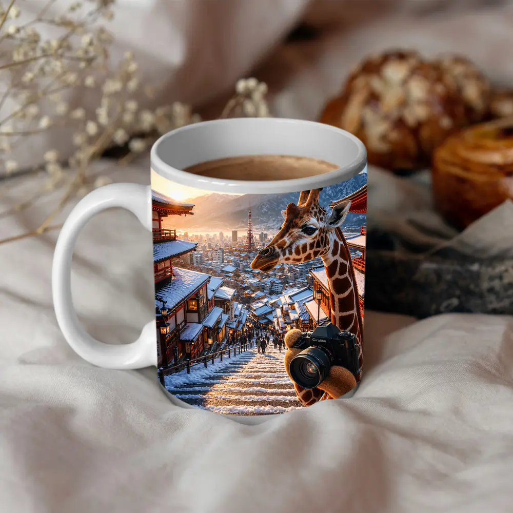 Giraffe Photographer Exploring Snowy Japan City – Mugs