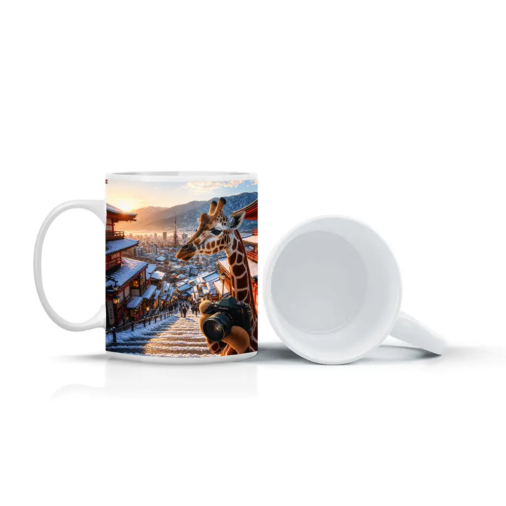 Giraffe Photographer Exploring Snowy Japan City – Mugs
