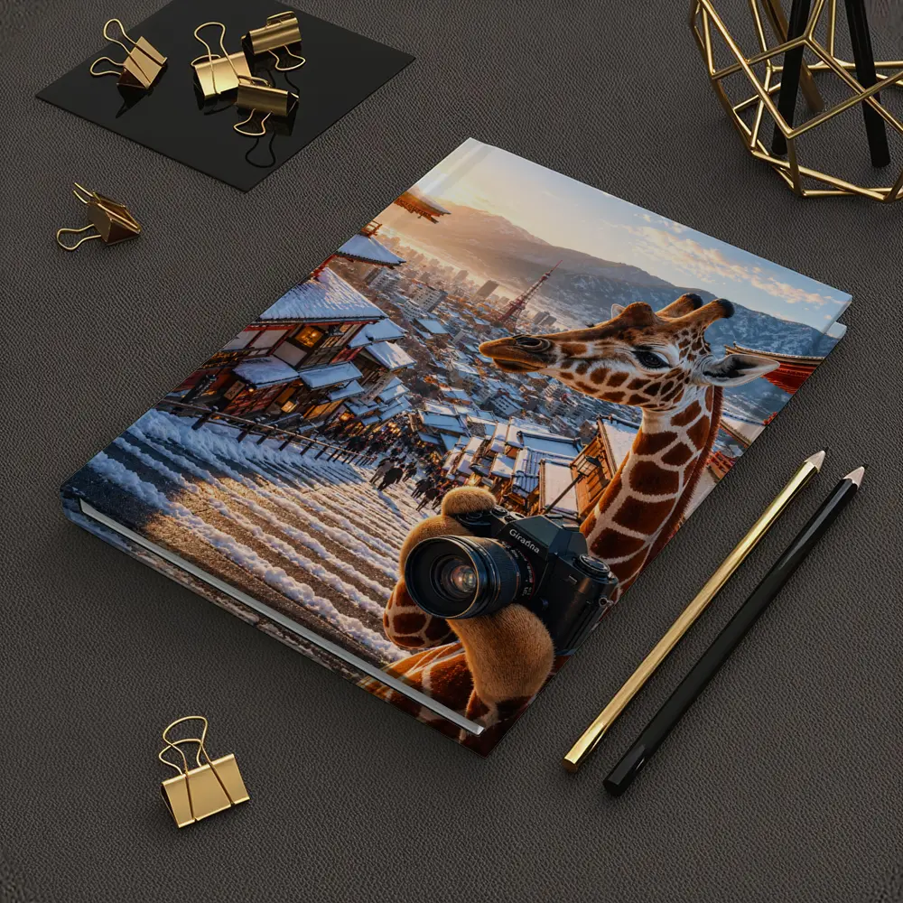 Giraffe Photographer Exploring Snowy Japan City – Notebooks