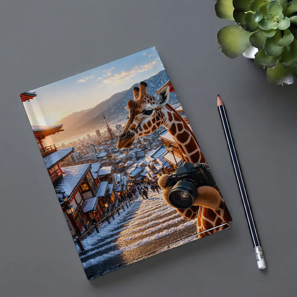 Giraffe Photographer Exploring Snowy Japan City – Notebooks